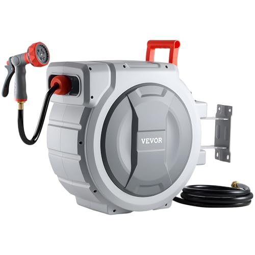 VEVOR Retractable Garden Hose Reel, 1/2 in x 130 ft, Wall Mounted Hose Reel with 9-Function Sprayer Nozzle and 180° Swivel Bracket, Any Length Lock, Automatic Slow Rewind System, for Garden Watering - size: 1/2 in x 130 ft