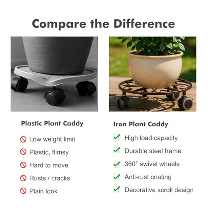 3 Pack Plant Caddy with Wheels & Saucers, Heavy Duty 13.5 Inch Metal Plant Stand with Wheels, Plant Dolly Rolling Plant Stand Plant Roller with Casters for Indoor and Outdoor, Bronze