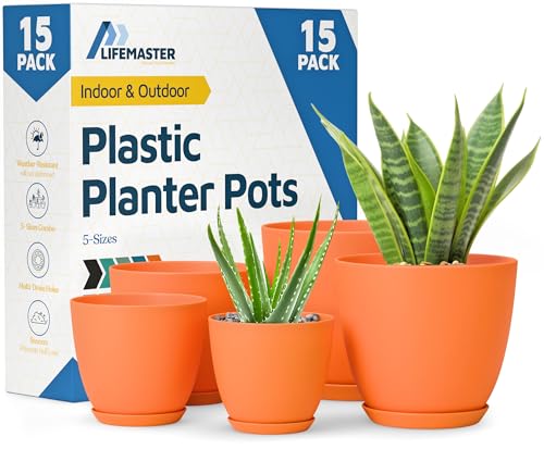 Yellow Plant Pots with Drainage Holes & Saucers 15 Pack, Indoor & Outdoor Stackable Space-Saving Planters for Houseplants & Flowers, (7", 6.7", 6", 5.3", and 4.8" Inches), Durable & Weatherproof