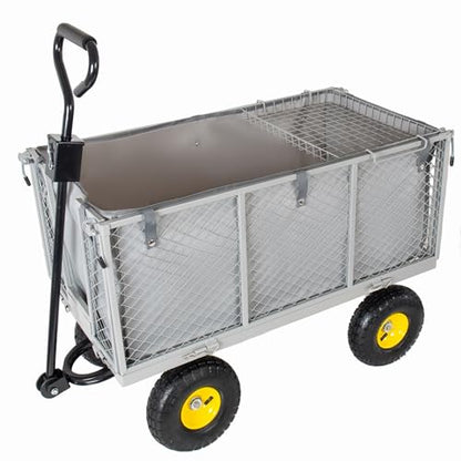 4-in-1 Oversized Steel Dump Garden Cart, 880lbs Pullable Mesh Metal Utility Cart with Removable Liner, Side Panels & Mesh Tray for Outdoor Lawn, Patio, Landscaping, Gray