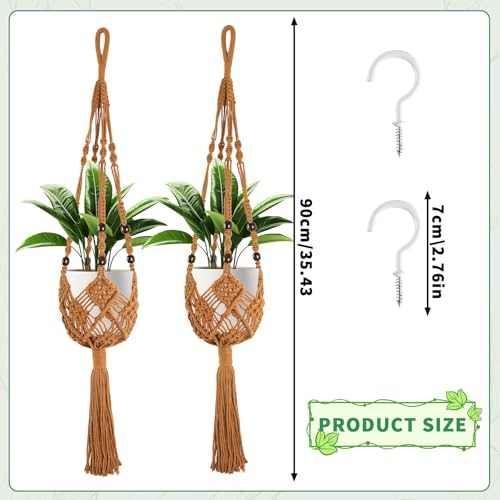 Augshy Jute Crochet Macrame Plant Hangers with Hooks, 2 Pack Hanging Holder - color: Caramel, size: 35 Inches