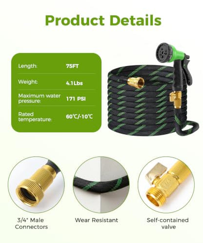 75ft Garden Hose, Non-Expandable Water Hose with 8 Function Spray Nozzle, Lightweight, Knik-Free, Burst-Resistant, Durable & Flexible 3/4" Garden Hose for Lawn, House Cleaning, Car Washing - size: 75ft