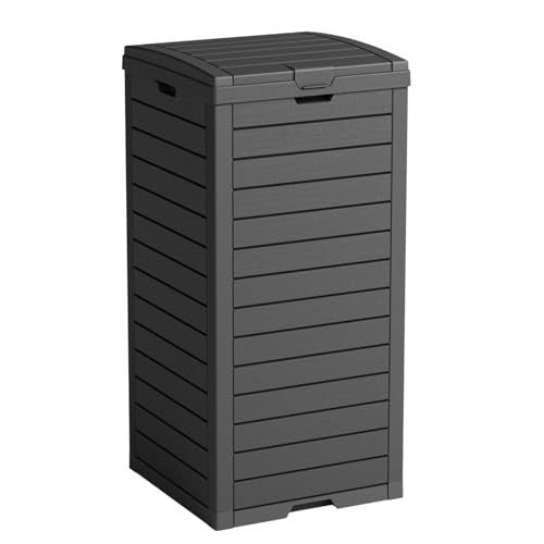 PatioZen 31 Gallon Outdoor Trash Can, Waterproof Trash Can Cabinet for Outside, Resin Garbage Bin with Lid and Drip Tray for Easy Cleaning for Patios, Kitchens, and Outdoor Entertaining（Black） - color: Black, size: 31 Gallon
