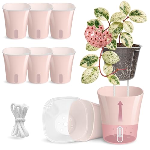 8 Pack 4" Self Watering Pots for Indoor Plants, Clear Inner Cup, Small Pink Plastic Planters, Water Level Indicator, Drainage Holes, Extra 3ft Wick, Cuttings,Seedlings,Herb,African Violets - color: Dusty Pink, size: 4" (8 Pack)