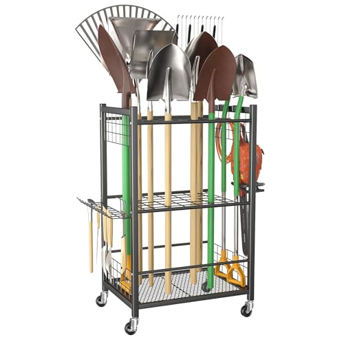 WALMANN Garden Tool Organizer on Wheels, Rakes/Shovels/Yard Tools Stand, M