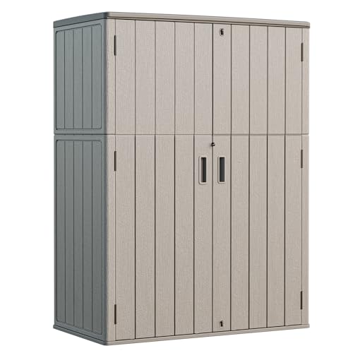 HOMSPARK Outdoor Storage Shed 57 Cu.Ft, All-Weather Resistant Resin Garden Sheds & Outdoor Storage Clearance with Floor, Double-Layer Plastic Tool Sheds for Patio, Garden & Lawn (Shallow Brown) - color: Shallow Brown, size: 57 Cu.ft