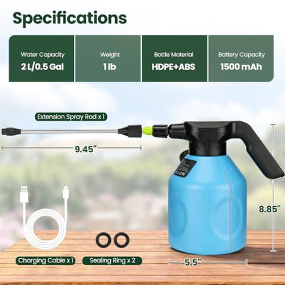 TaroKitc Electric Spray Bottle 2L/0.5 Gallon, 3 Speed Adjustable Battery Powered Garden Sprayer, Rechargeable Automatic Plant Mister with Adjustable Nozzle for Indoor/Outdoor Plants