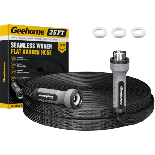 Flat Garden Hose 25FT, Seamless Woven Water Hose with Flexible TPE Inner Tube, Lightweight Compact Design, Standard 3/4 in. GHT Fittings for Outdoor Watering, Cleaning and Yard Use - size: 25FT