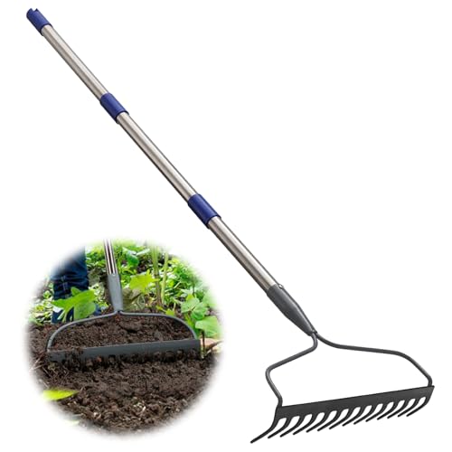 Garden Rake, 14 Metal Tines Heavy Duty Bow Rake with 5FT Adjustable Handle for Lawn, Landscape Cultivator Garden Rake for Loosening Soil Leveling Mulch Gathering Leaf