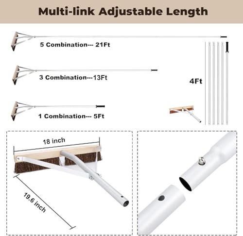 Leaf Roof Brush with Gloves, Roof Rake Remove Leaves, Adjustable 5-21ft Roof Cleaning Brush Tool for Shingles, Corrugated, Solar Panel, Lightweight Long Handle Extension Aluminum Poles Broom (21FT)