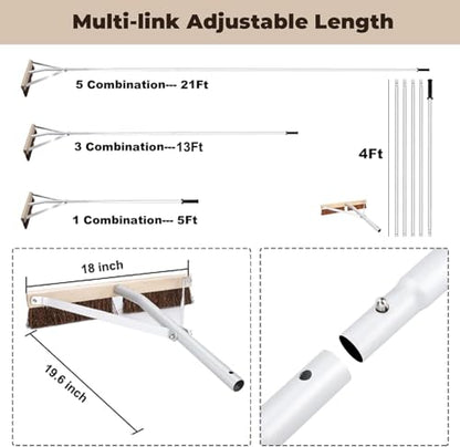 Leaf Roof Brush with Gloves, Roof Rake Remove Leaves, Adjustable 5-21ft Roof Cleaning Brush Tool for Shingles, Corrugated, Solar Panel, Lightweight Long Handle Extension Aluminum Poles Broom (21FT)