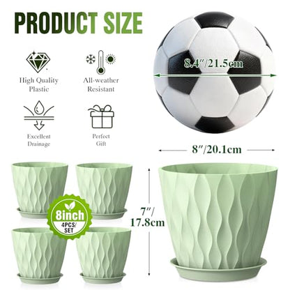 8 Inch Plant Pots 4 Pack Plastic Planters with Drainage & Saucers - color: Green