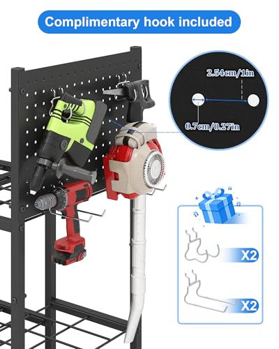 Garden Tool Organizer with Pegboard, Yard Tool Holder Standing for Garage Organization, Up to 30 Long-Handled/10 D-Handled Tools/Rake/Broom/Shovel/, with Side Storage Pocket