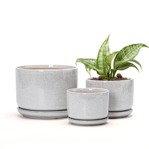 Ceramic Planters,Plant Pots with Saucers Set of 3(Reactive Glaze White) - color: Speck