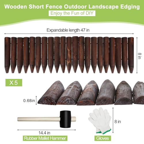 Hicarer 5 Pcs Total 20 ft Wood Garden Edging Fence Border Wood Landscape Border Decorative Flower Bed Barriers with Gloves Hammer for Tree Lawn Yard, 8" H x 47" L for Each(Brown) - color: brown
