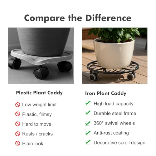 Planterhoma 5 Pack Plant Caddy with Wheels & Saucers, 11.8" Heavy Duty Metal Rolling Plant Stand, Plant Dolly with Lockable Casters, Rustproof Iron Planter Mover for Indoor Outdoor, Black - size: 11.8 Inches - 5 Pack