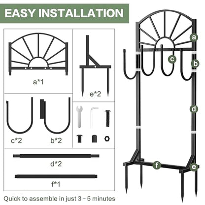 Garden Hose Holder, Upgraded Metal Water Hose Holder with 4 Hooks, Freestanding Heavy Duty Hose Hanger Stand Holds 150 FT Hoses, Detachable Hose Storage Rack for Outside Yard Lawn Farm (Black, Sun) - style: 4 Spikes-Sun