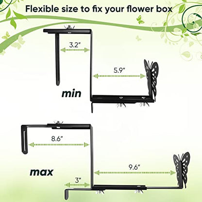 VIVIKEN Planter Box Bracket, Adjustable Window Box Holder with Butterfly - size: 4 Pack Black Butterfly