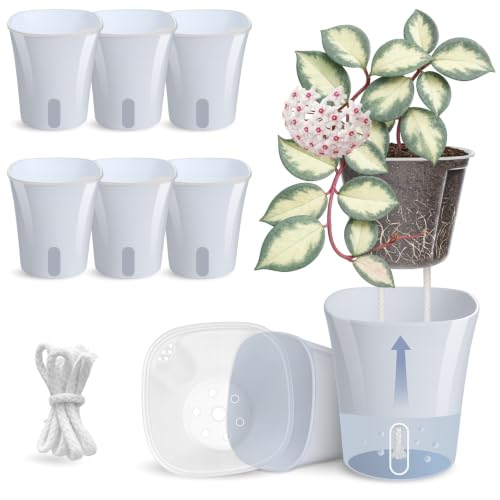 8 Pack 4" Self Watering Pots for Indoor Plants, Clear Inner Cup, Small Blue Grey Plastic Planters, Water Level Indicator, Drainage Holes,Extra 3ft Wick, Cutting,Seedling,Herb,African Violet - color: Blue Grey, size: 4" (8 Pack)