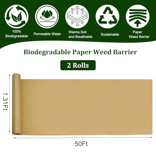 2Pcs 1.31x50 Ft Biodegradable Paper Weed Barrier Roll Heavy Duty Garden Paper Weed Control Biodegradable Landscape Fabric Thickened Garden Bed Grass Paper Mulch Film Weed Block Paper for Garden Lawn