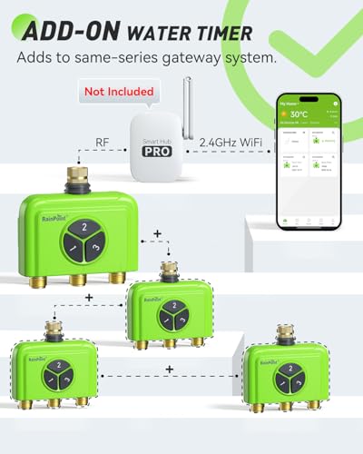 RAINPOINT 3-Zone WiFi Add-On Water Timer (Gateway Not Included), Brass Inlet/Outlet WiFi Hose Timer, Expands Smart Irrigation System, Works with RAINPOINT Home APP Series Gateway, Smart Watering - color: Green Without Hub