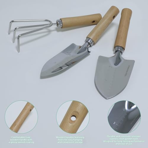 LeMotech Garden Tool Set, 3Pcs Stainless Steel Heavy Duty Gardening Kit Including Trowel Transplanter Cultivator Gardening Hand Tools with Handle, Planting Tool for Women Men - style: 3PC(Trowel&Transplanter&Cultivator)