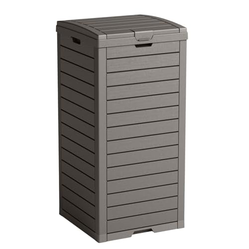 PatioZen 31 Gallon Outdoor Trash Can, Waterproof Trash Can Cabinet for Outside, Resin Garbage Bin with Lid and Drip Tray for Easy Cleaning for Patios, Kitchens, and Outdoor Entertaining（Light Gray） - color: Light Gray, size: 31 Gallon