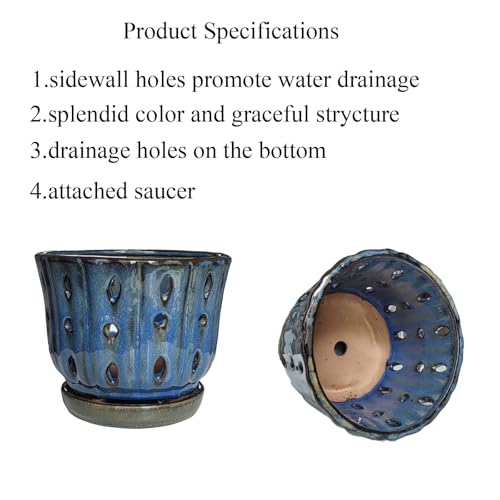 6 inch Round Ceramic Orchid Pot with Holes Orchid Planter (Dark Blue) - color: Dark Blue