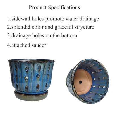 6 inch Round Ceramic Orchid Pot with Holes Orchid Planter (Dark Blue) - color: Dark Blue