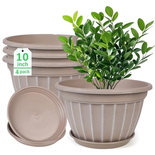 10 Inch Plant Pots,4 Pack Flower Pot,Planters Pot with Drainage Hole - color: Beige, size: 10 inch-4 pack