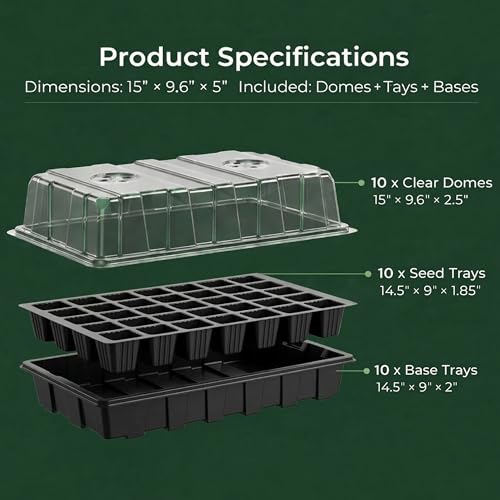 Gardzen 10-Set Garden Propagator Set, Seed Tray Kits with 400-Cell, Seed Starter Tray with Dome and Base 15" x 9" (40-Cell Per Tray) - size: 40-Cell Black 10-Pack