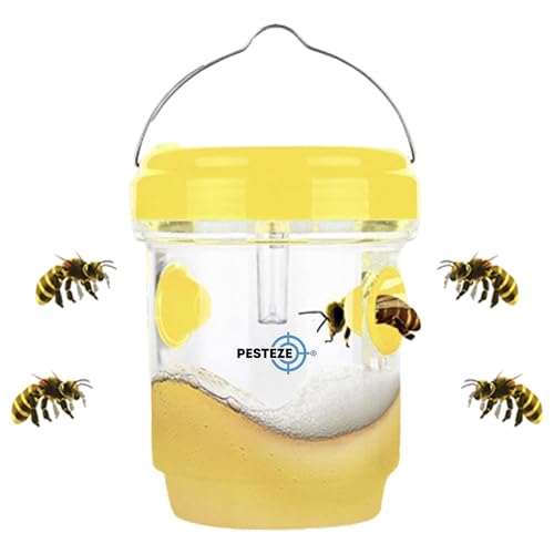 PESTEZE USA Reusable Solar Hanging Wasp Trap with LED Light [Yellow: 3.5 x 4.4 Inch] Attracts, & Kills Wasp, Hornet, Yellow Jacket & Insect Species 24/7 Without Harsh Chemicals Waterproof Outdoor Trap