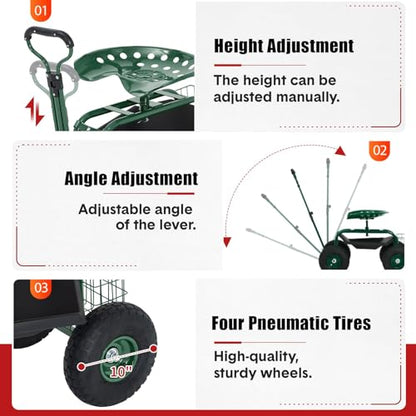 Rolling Garden Cart with Seat, Garden Workseat with 360-Degree Swivel - color: Green