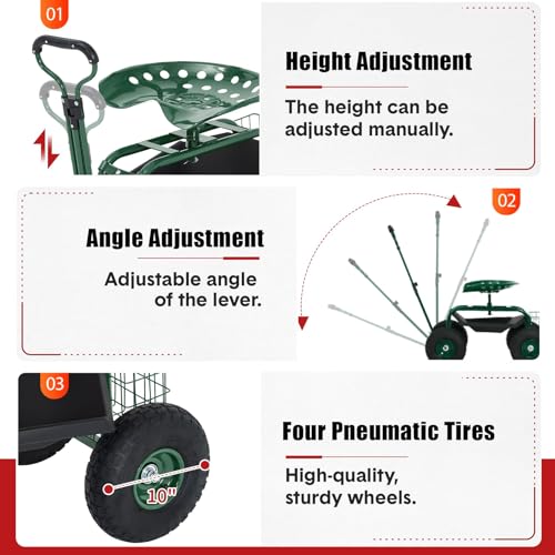 Rolling Garden Cart with Seat, Garden Workseat with 360-Degree Swivel - color: Green