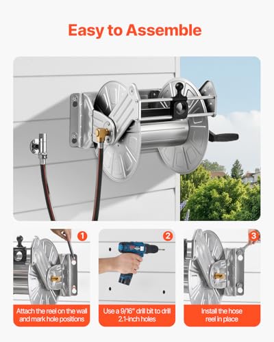 VEVOR Wall Mounted Garden Hose Reel Holds 150 ft 5/8-inch Water Hose Winder - color: Silver, size: 150ft, 5/8-inch, Wall Mounted
