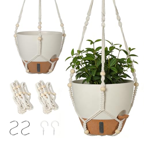 Self-Watering Hanging Planters for Indoor Plants Set 2-Piece Includes Plant Hanging Pot, Drainage-Hole Hanging Pot, and Hanging Basket Rack (10 Inches, White) - color: White