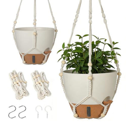 Self-Watering Hanging Planters for Indoor Plants Set 2-Piece Includes Plant Hanging Pot, Drainage-Hole Hanging Pot, and Hanging Basket Rack (10 Inches, White) - color: White