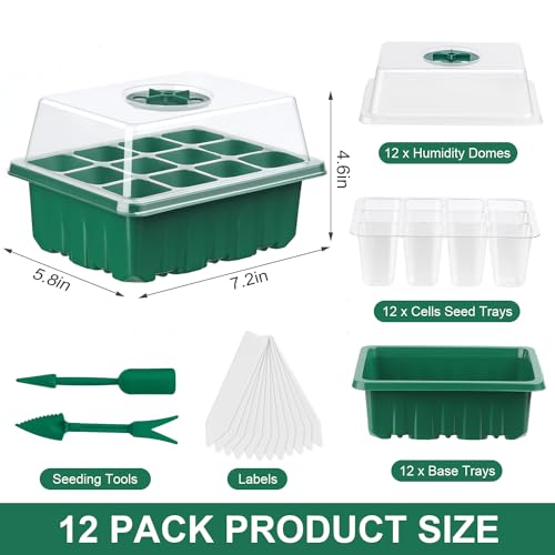 12 Pack Seed Starter Trays, 144Cell Stater Kit with Humidity Dome Green