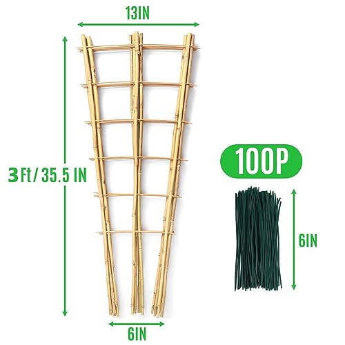 SWANGSA 6 Pack 3Ft Bamboo Trellis for Climbing Plants,35.5 Inch Fan-Shaped Bamboo Plant Trellis with 100pcs Twist Ties for Outdoor and Indoor Potted Plants Garden Stakes - size: 3ft