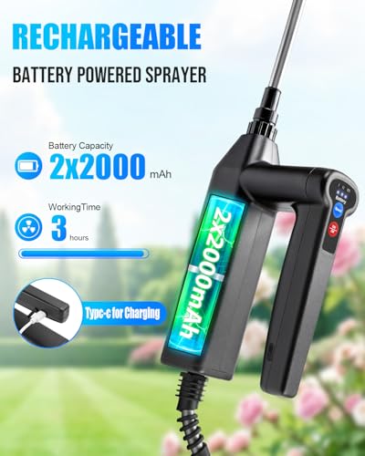 Battery Powered Sprayer 2 Gallon, Electric Weed Sprayer with 3 Adjustable Pressure Levels, 4 Nozzles & Extendable Wand, Rechargeable Garden Sprayer for Yard, Lawn, Plants & Fertilizer - color: Black