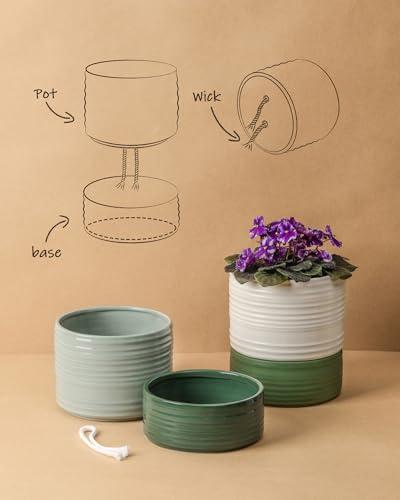 Fayoula Self Watering Pots for Indoor Plants, 6 Inch Ceramic Self Watering Plant Pot, Planter Pot with Wick Rope and Drainage Hole for African Violet Succulent Herbs (Green Light) - color: Green Light