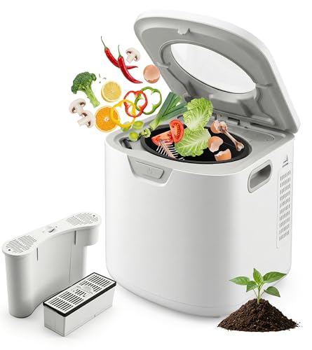 NutriChef 4 Quart Electric Kitchen Composter | Smart Countertop Composter Includes 2 Odorless Carbon Filters | Electric Compost Bin for Indoor Use | 3 Volume Based Modes Small, Medium & Large | White - color: White