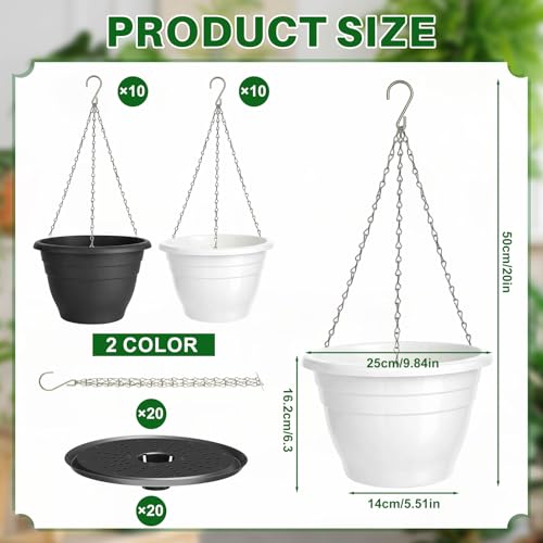 20 Pcs 10 Inch Plastic Hanging Planter Bulk Self Watering Hanging Baskets for Plants with Holes and Chain Plant Pot Outdoor Indoor Planter for Garden, Balcony, Porch, Patio Decor
