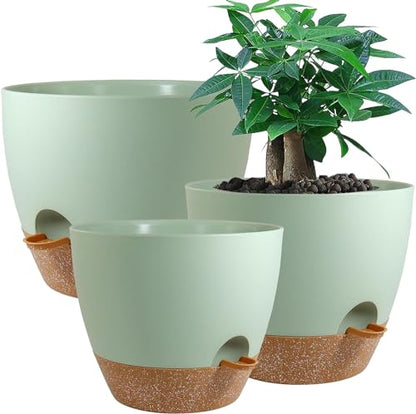 UOUZ Large Self Watering Pots, 12/10/9 Plastic Planters with High Drainage Holes and Deep Reservoir for Indoor Outdoor Garden Plants and Flowers, Green with Brown - color: Green With Brown