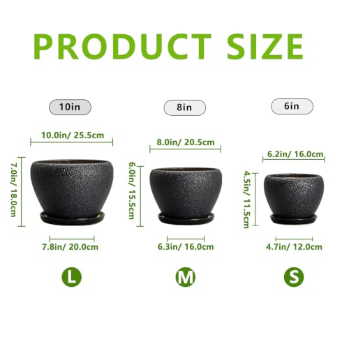 10+8+6 Inch Ceramic Planter, Ceramic Plant Pots, Relief Black - color: Relief Black
