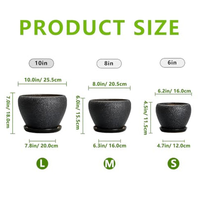 10+8+6 Inch Ceramic Planter, Ceramic Plant Pots, Relief Black - color: Relief Black