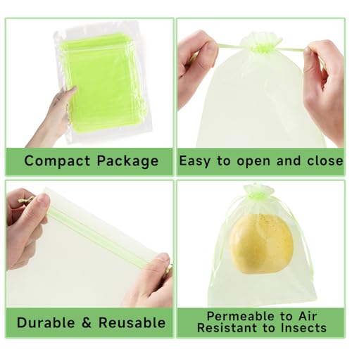 50PCS Fruit Protection Bags with Drawstring, 6x8 Inch Green Organza Produce Bags for Fruit Trees, Mesh Netting for Garden Protection - size: 6"×8"