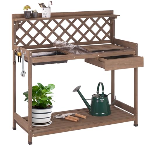 GUTINNEEN Potting Bench Outdoor Gardening Work Bench with Sink & Lid, Wooden Planting Table for Outside with Storage, Drawer, Shelf, Hook