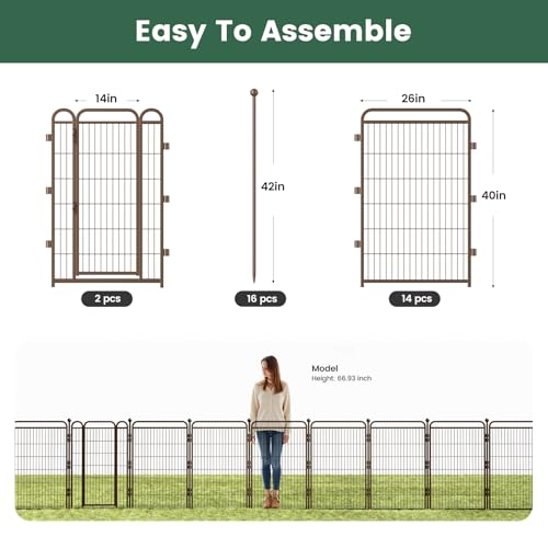 40 in(H) Decorative Garden Fence Outdoor for Yard with 2 Gates,Heavy Duty Iron 16 Panels Total 34.7ft(L) Anti Dig Fence with Gravity Automatic Lock for Indoor/Outdoor Decorative Dog Fence,Brown - color: Brown, size: 40 Inch