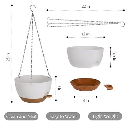 TYMENSH Hanging Plant Pots 12 Inch Set of 2, Self Watering, Drainage Holes, Removable Saucer, Durable Plastic with Chains, Indoor Outdoor, White - color: White
